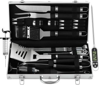 Grilljoy 24PCS BBQ Grill Tools Set With Meat Thermometer And Injector - Extra Thick Stainless Steel Fork, Spatula& Tongs - Complete BBQ Accessori