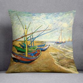Fishing Boats on the Beach at Saintes-Maries by Van Gogh Cushion (Insert: With Insert, size: 18" X 18")