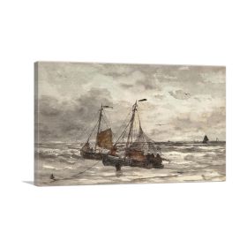 Fishing Boats At Anchor On a Choppy Sea (Type: Standard Framed Canvas Print, size: 28" x 20" / 70cm x 50cm (approx))