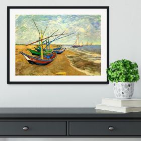 Fishing Boats on the Beach at Saintes-Maries by Van Gogh Framed Print (Color: Black/With White Edging, size: 18" x 12" / 48cm x 30cm (approx))